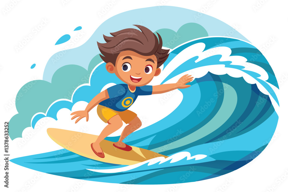 Cartoon Smiling Boy Surfing On Blue Wave With Yellow Board Illustration, White Background Cartoon Smiling Boy Surfing On Blue Wave With Yellow Board Illustration, White Background