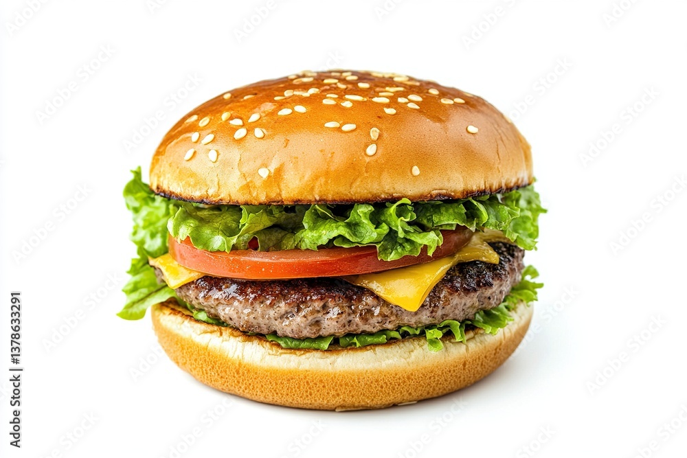 A hamburger with lettuce and tomato on a bun. , isolated on white background A hamburger with lettuce and tomato on a bun. , isolated on white background