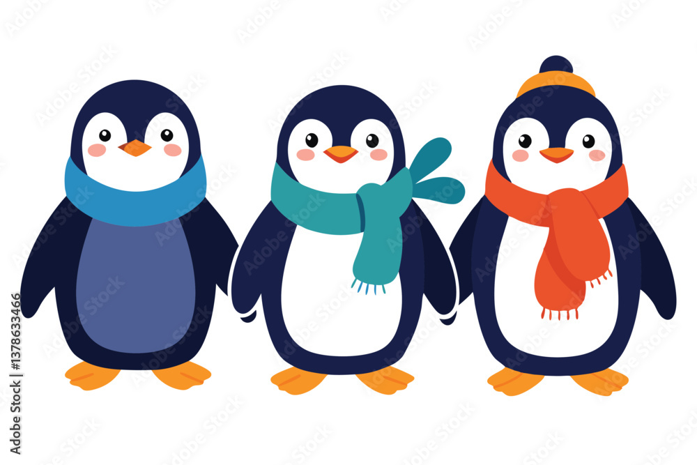 Fototapeta premium Cute Penguin Cartoon Characters, Winter Scarf and Hat, Christmas Penguins, White Background