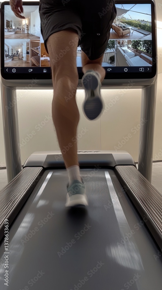 Person Running on Treadmill with Interactive Display Technology Person Running on Treadmill with Interactive Display Technology