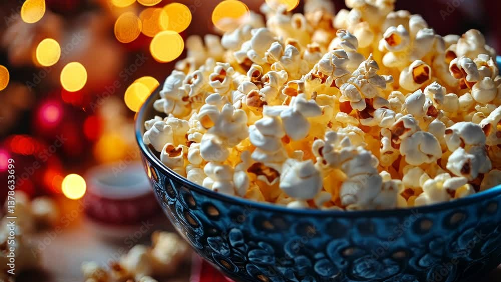 Popcorn in a decorative bowl, festive background Popcorn in a decorative bowl, festive background