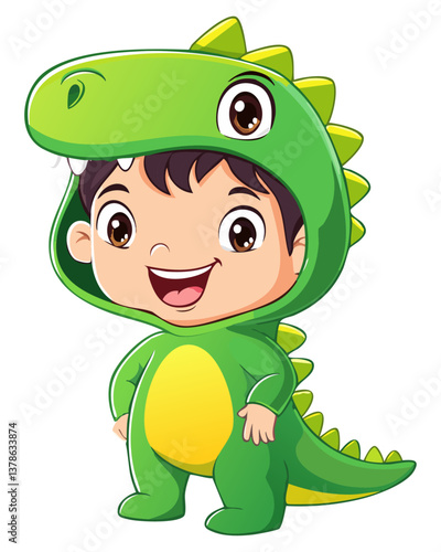 Chibi Boy in Dinosaur Costume – A little boy in a green dinosaur-like jumpsuit with a big smile.