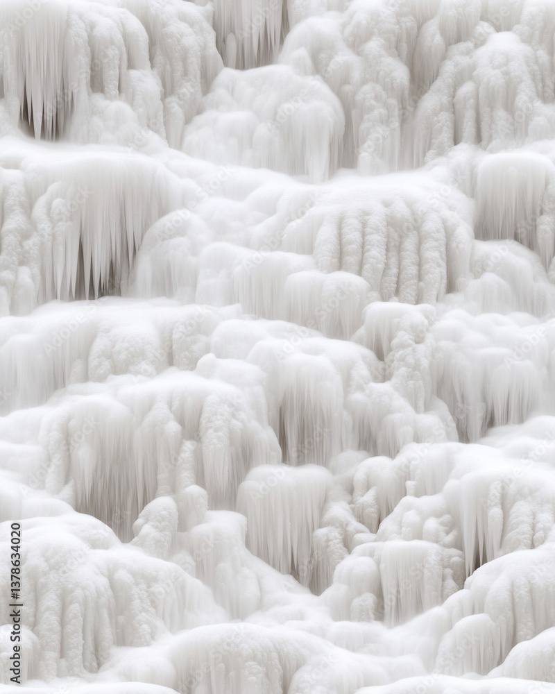 Fototapeta premium A breathtaking view of frozen waterfalls cascading down a cliff face, showcasing intricate ice formations and sparkling textures under a winter sky, a stunning natural winter