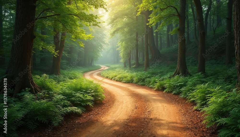Fototapeta premium Winding dirt road leads through vibrant green forest. Sunlight filters through trees creating serene ambiance. Pathway provides journey adventure experience, destination exploration. Nature