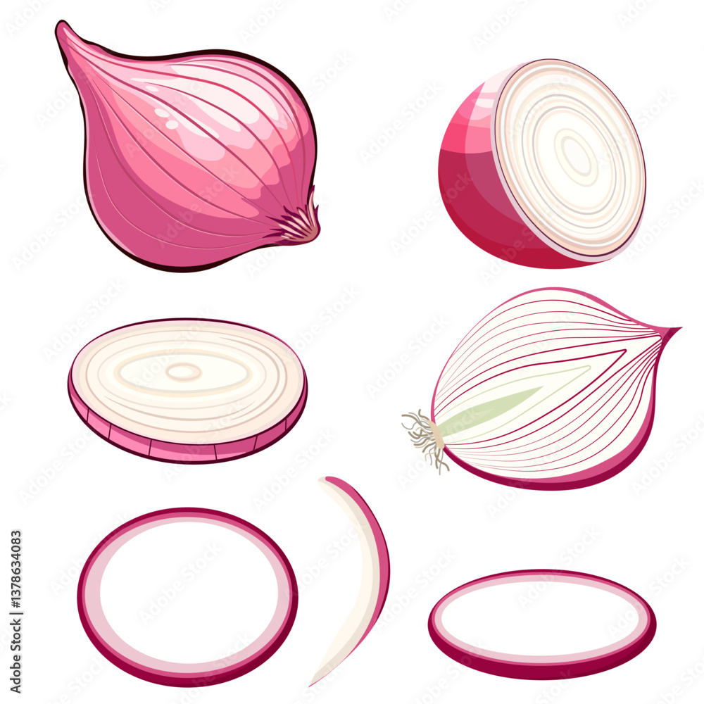 set of whole onions, sliced and cut into pieces without background set of whole onions, sliced and cut into pieces without background