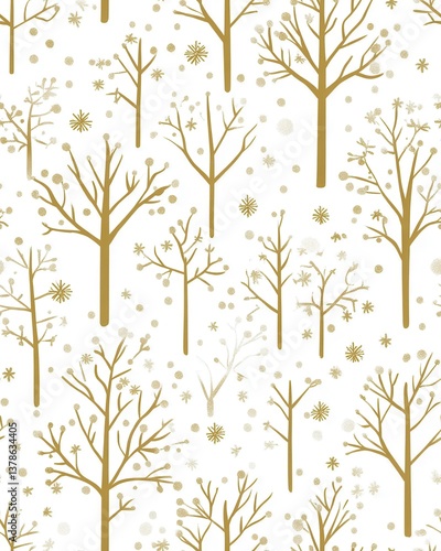 A seamless pattern of gold and white stylized winter trees with shimme snowflakes falling on a pristine white background perfect for holiday designs and winter themed projects.