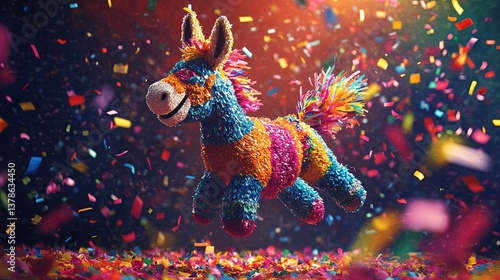 Vibrant colorful donkey piñata joyfully jumping amidst bright confetti celebrating Cinco de Mayo festivities