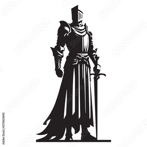 Eclipsed Gothic Medieval Knight Statue silhouette, balancing heroism and mystery - Gothic Knight illustration - Gothic Knight vector - Gothic silhouette


