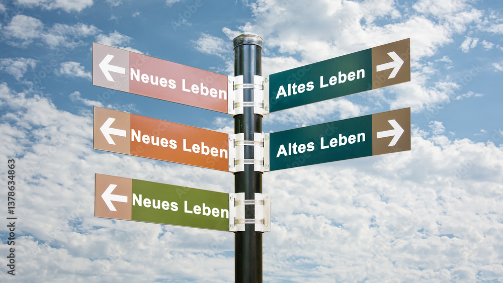 Fototapeta premium Signposts the direct way to New Life versus Old Life