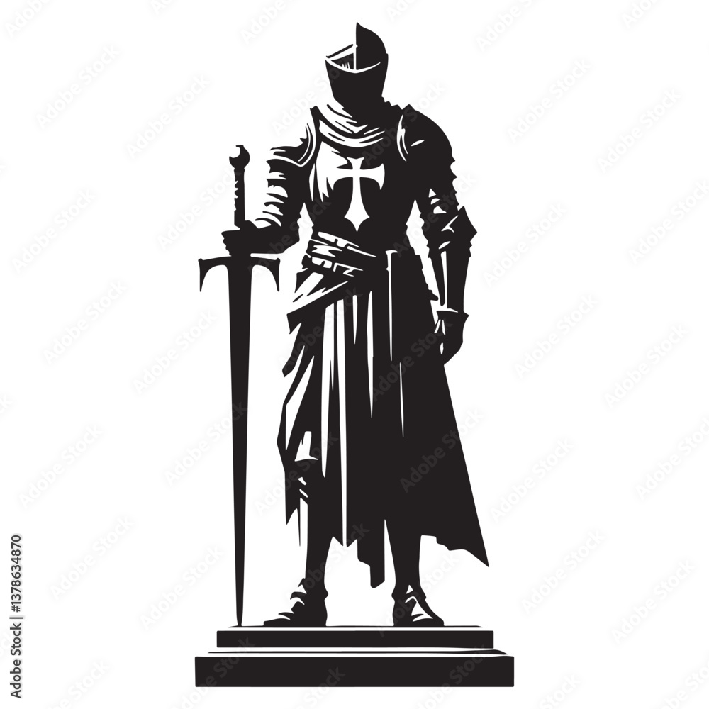 Fototapeta premium Mysterious Gothic Medieval Knight Statue silhouette, veiled in medieval secrecy - Gothic Knight illustration - Gothic Knight vector - Gothic silhouette