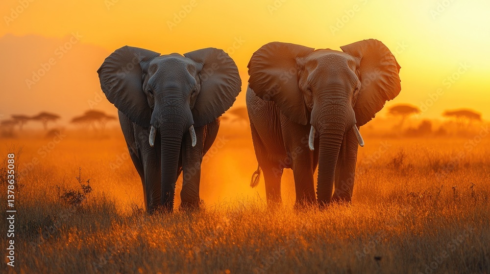 Obraz premium Two majestic elephants standing side by side in the golden light of a vibrant sunset, showcasing their grandeur in a serene African savanna.