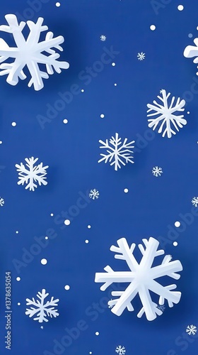 Soft white paper snowflakes gently fall on a deep blue background creating a serene winter wonderland scene perfect for holiday cards or winter themed designs.