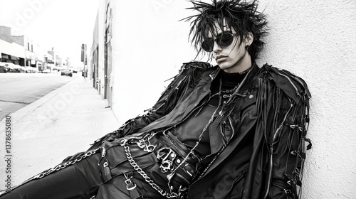 A monochrome image of a stylish individual dressed in punk attire, leaning against a wall on a city street, exuding a rebellious and edgy vibe.