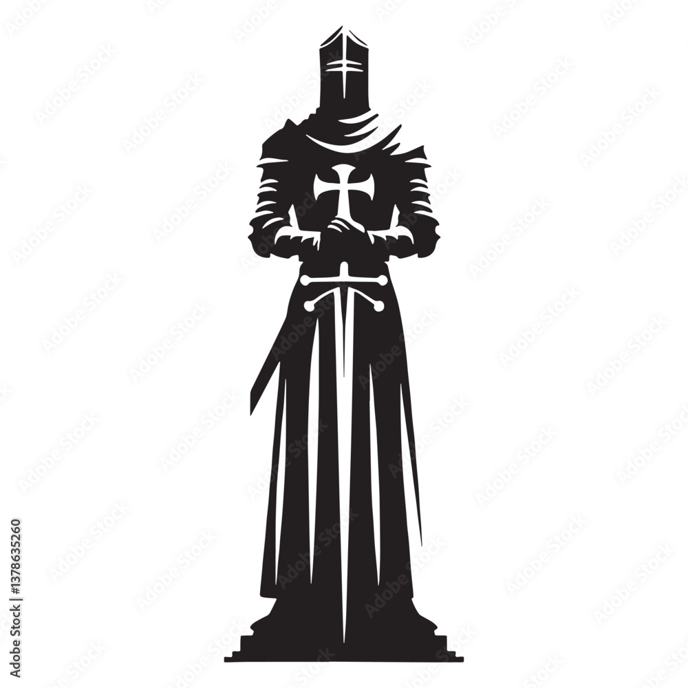 Fototapeta premium Macabre Gothic Medieval Knight Statue silhouette, a blend of valor and decay - Gothic Knight illustration - Gothic Knight vector - Gothic silhouette