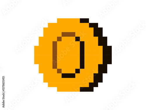 Round pixel coin element. Vintage 8-bit award symbol.