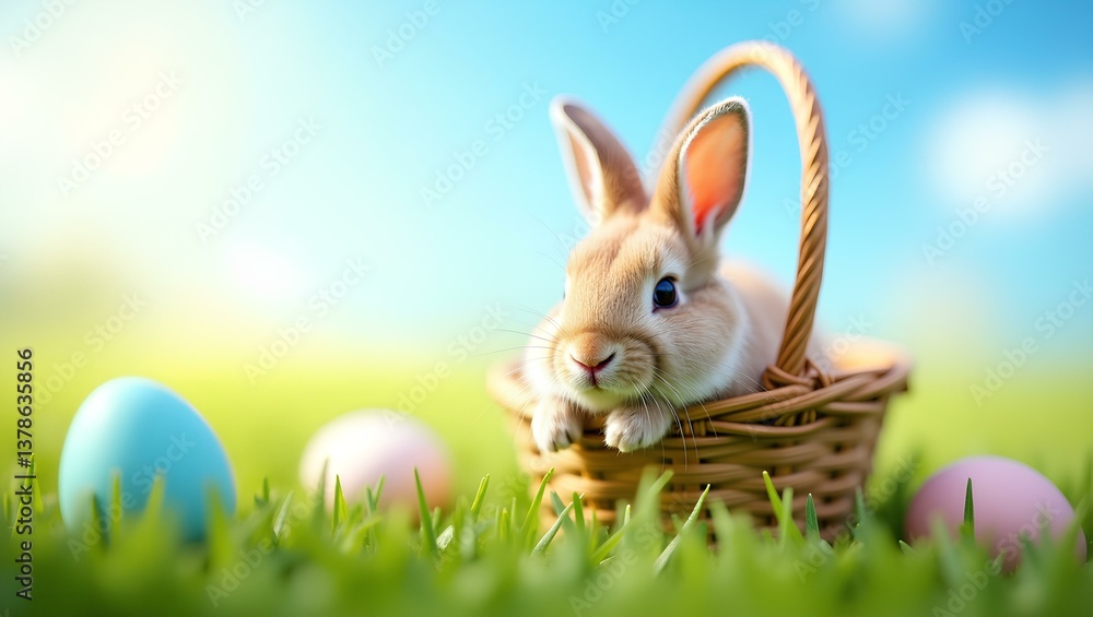 Obraz premium Easter Bunny in Basket with Colorful Eggs on Grass, Spring Holiday Theme