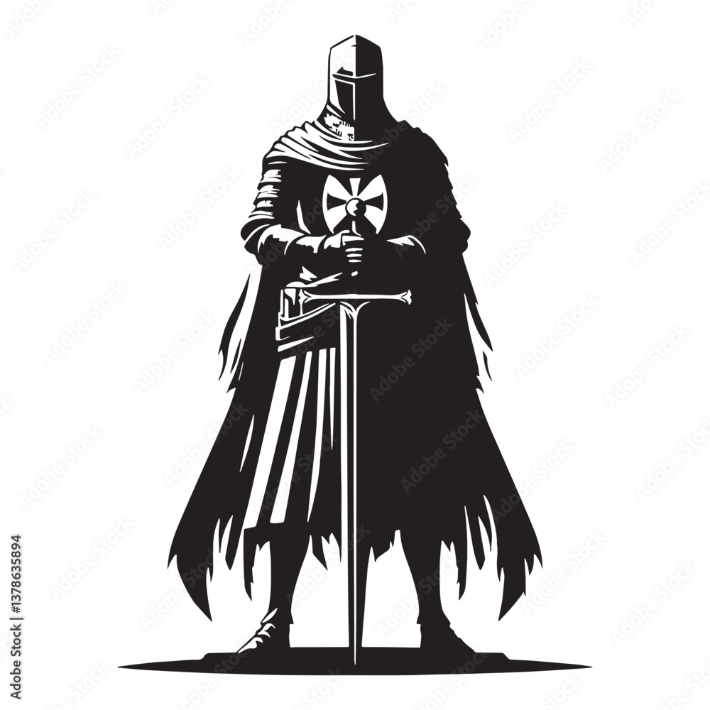 Obraz premium Mythical Gothic Medieval Knight Statue silhouette, an embodiment of medieval legends - Gothic Knight illustration - Gothic Knight vector - Gothic silhouette