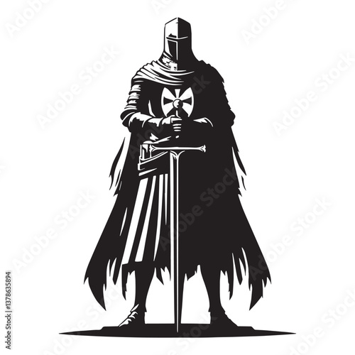 Mythical Gothic Medieval Knight Statue silhouette, an embodiment of medieval legends - Gothic Knight illustration - Gothic Knight vector - Gothic silhouette

