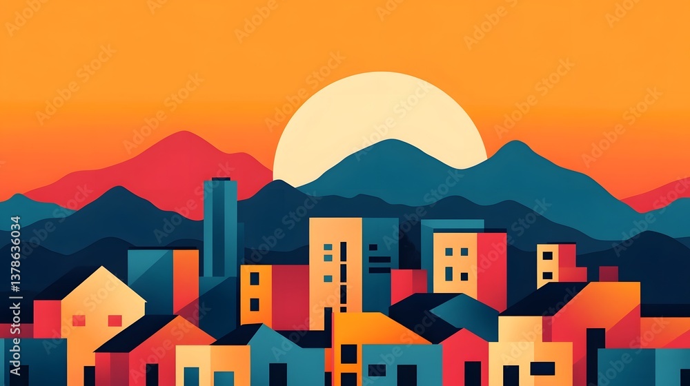 Obraz premium Vibrant Sunset City Skyline with Architectural Details in Stylized Flat Design