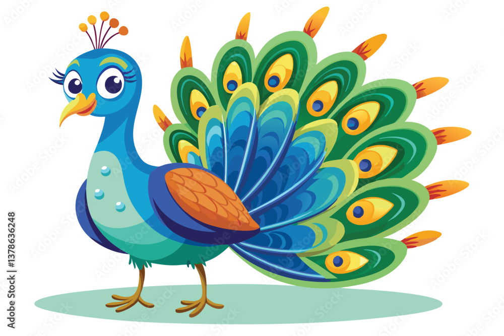 Fototapeta premium Charming Cartoon Peacock Whimsical Bird, Vibrant Feathers on White Background