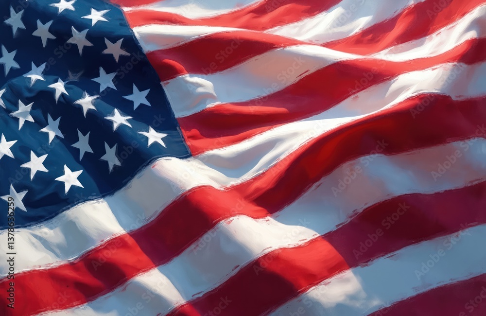 Obraz premium Close-up waving American flag illustration. US flag with stars stripes. Symbol of patriotism democracy freedom. July 4th holiday celebration. Independence day. American culture.