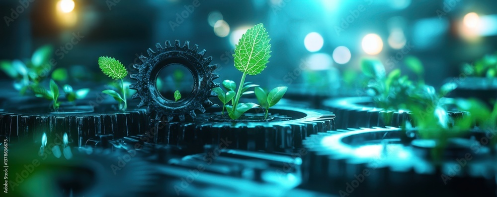 A close-up of gears intertwined with green plants, symbolizing the fusion of nature and technology in a vibrant, illuminated environment. A close-up of gears intertwined with green plants, symbolizing the fusion of nature and technology in a vibrant, illuminated environment.