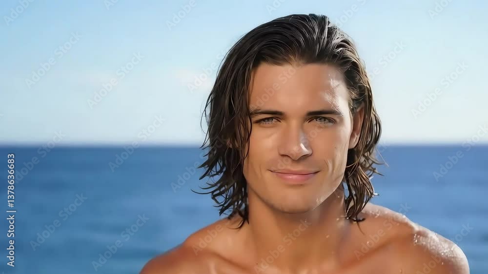 Handsome young man with long hair smiling at the beach with ocean background Handsome young man with long hair smiling at the beach with ocean background