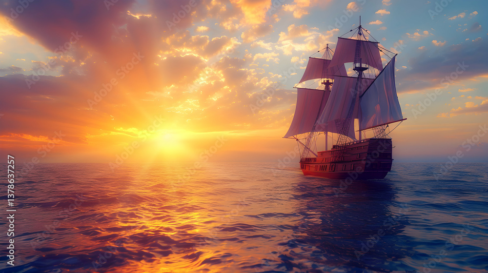 Fototapeta premium Sunset View Of A Pirate Ship Sailing On The Ocean