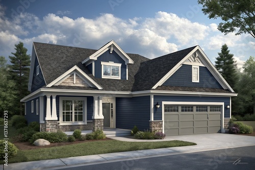 A charming navy blue craftsman-style home nestled amongst lush greenery on a sunny day, showcasing a welcoming front porch and a two-car garage under a dark gray roof.