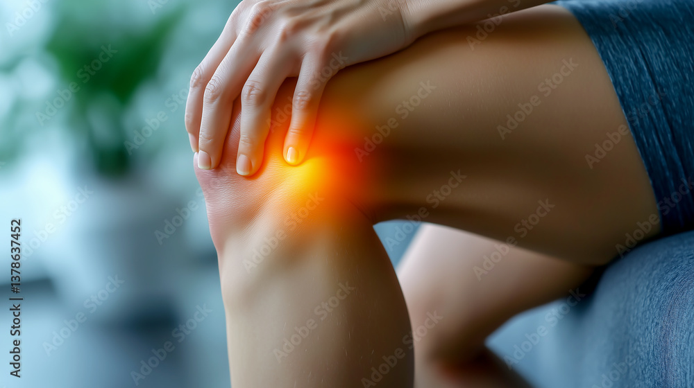 Man holding his knee in pain on white background, with the area of inflammation highlighted in red, emphasizing the joint disease