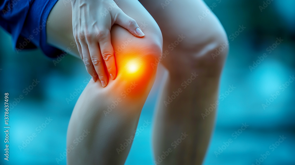 Man holding his knee in pain on white background, with the area of inflammation highlighted in red, emphasizing the joint disease