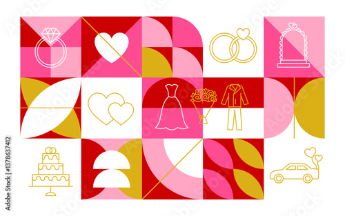 Wedding Line Geometrical Banner. Save The Date. Vector Illustration of Triangular and Polygonal Background. Outline Love Holiday Symbols. Happy Valentines Day Objects.