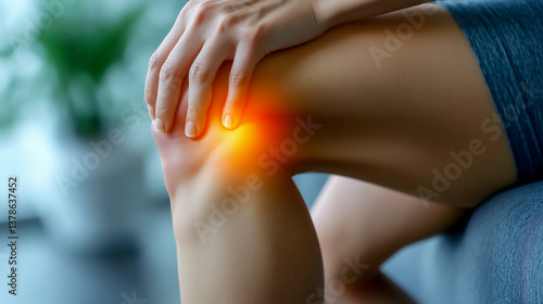 Obraz na płótnie Man holding his knee in pain on white background, with the area of inflammation highlighted in red, emphasizing the joint disease
w salonie