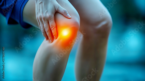 Obraz na płótnie Man holding his knee in pain on white background, with the area of inflammation highlighted in red, emphasizing the joint disease
w salonie