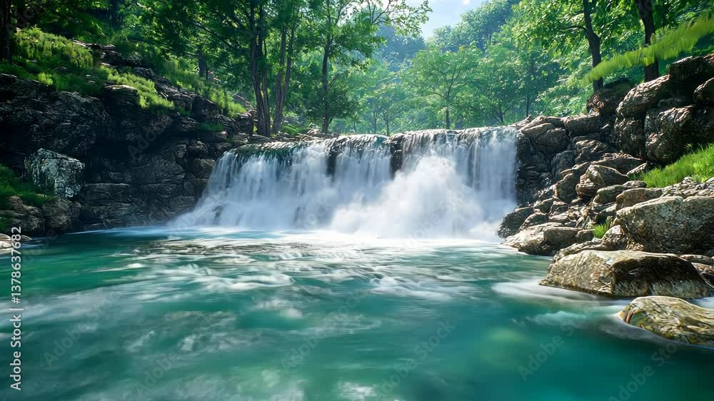 Serene waterfall cascading into a tranquil pool, surrounded by lush green forest Serene waterfall cascading into a tranquil pool, surrounded by lush green forest