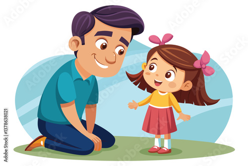 Cheerful Father on Knees Looking at Smiling Daughter with Pink Hair Bow Cartoon
