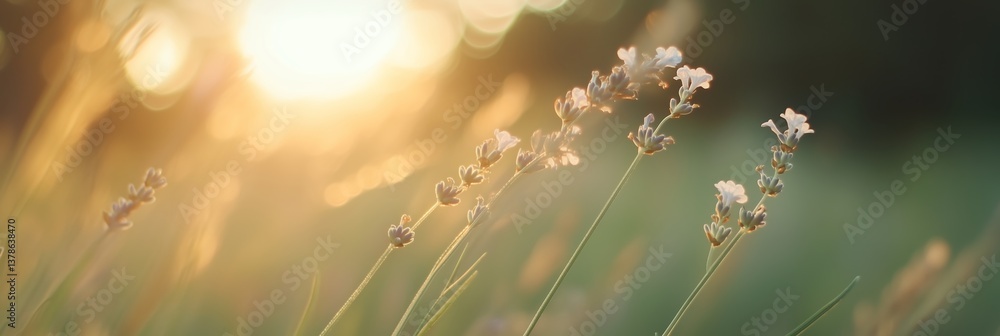 Fototapeta premium Sunset light illuminating blooming flowers in a serene field during golden hour