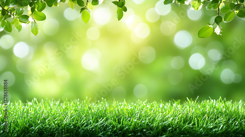 vibrant lush  Fresh Green Grass illuminated by soft sunlight with bokeh lighting effects  in the Background