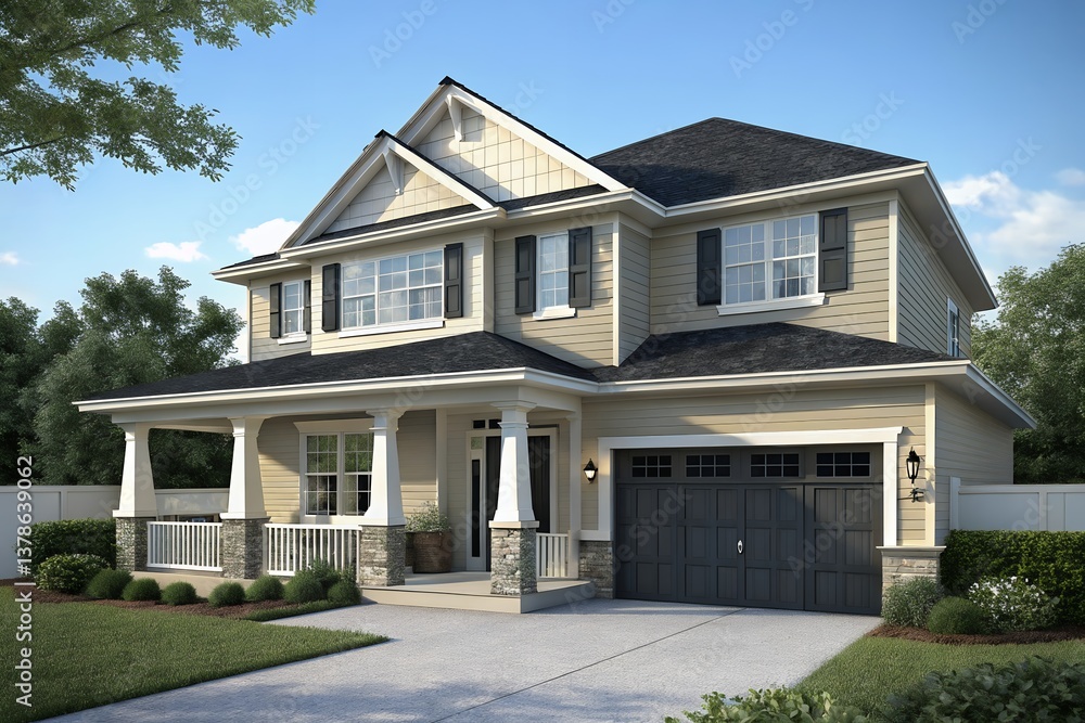 A charming two-story house, perfect for a growing family, sits proudly on a landscaped lot under a bright sunny sky, featuring a welcoming porch and a stylish dark gray garage door. A charming two-story house, perfect for a growing family, sits proudly on a landscaped lot under a bright sunny sky, featuring a welcoming porch and a stylish dark gray garage door.