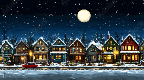 Charming Pixel Art Winter Scene with Snow Covered Houses Street and a Radiant Moon in a Clear Night Sky Under Gentle Lighting