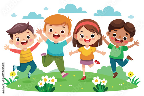 Diverse Cheerful Kids Jumping on Green Meadow with Clouds and Wildflowers