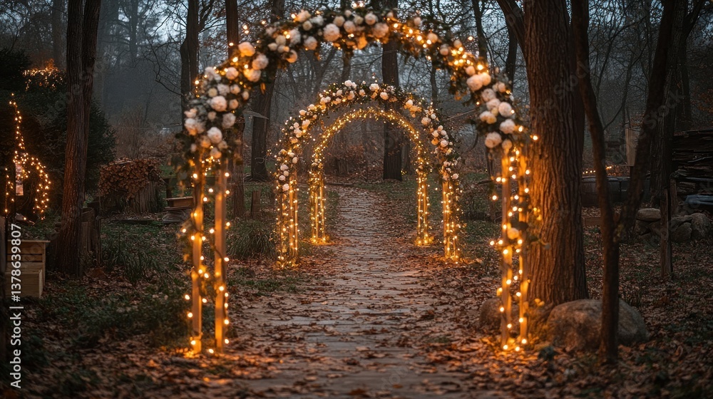Fototapeta premium Illuminated wedding archway pathway in autumnal forest.