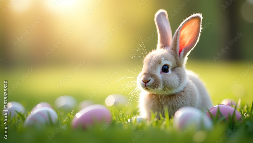 Fototapeta premium Easter Bunny with Colorful Eggs on Grass, Spring Holiday Theme
