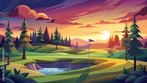 Sunset golf course bunker, scenic pines, tranquil evening