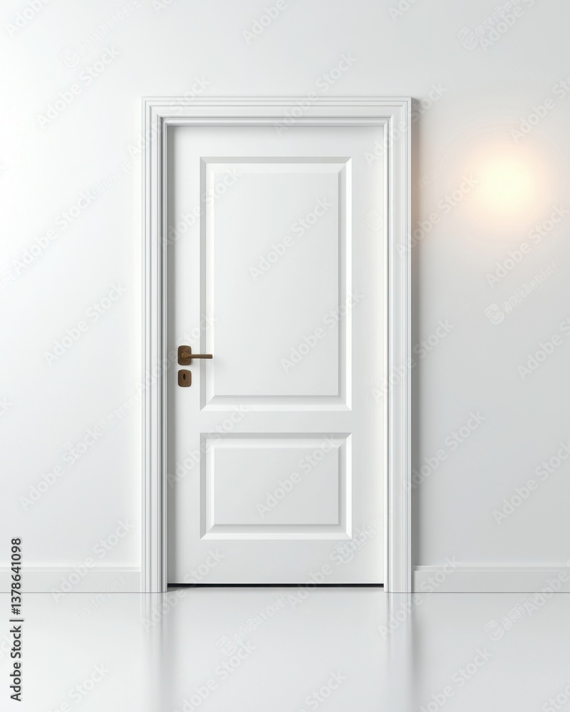 Minimalist White Door on Light Wall in Modern Interior Space Minimalist White Door on Light Wall in Modern Interior Space