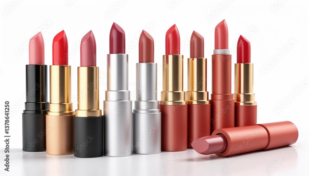 Assorted lipsticks in various shades on white background. Assorted lipsticks in various shades on white background.