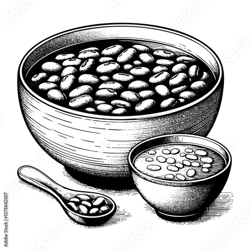 Red bean soup sketch engraving black and white outline. Scratch board imitation.  illustrated in vintage line art style on a white background.