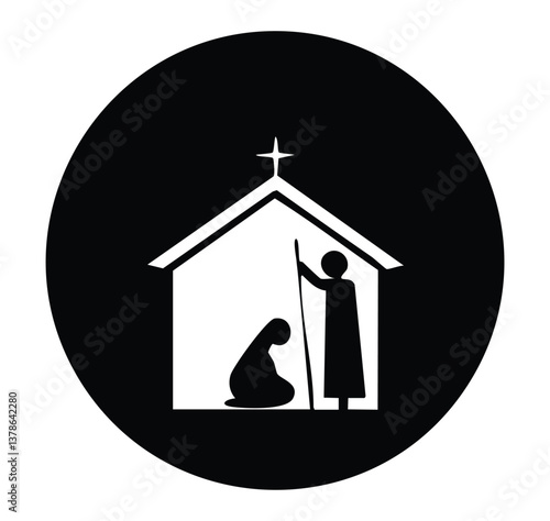 Nativity scene clip art black and white Christmas, religious illustration vector graphic design,sign icon 