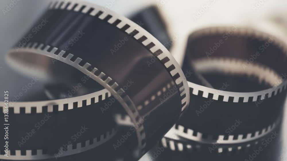 Close up view revealing analog film strip spinning slowly, showcasing vintage cinematic texture against pristine white background, highlighting classic movie memorabilia with intricate details