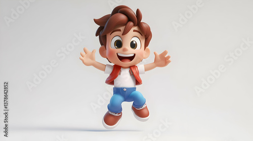 Cheerful Cartoon Boy Jumping With Joy Wearing Red Vest Isolated on White Background Playful Youthful Character in Festive Mood